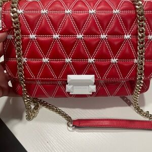 Michael Kors genuine Red leather Shoulder Bag with Gold Chain